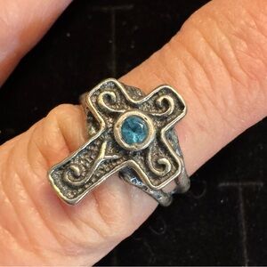 Sterling Silver Blue Topaz Cross Ring Signed PZ Israel (size 6)